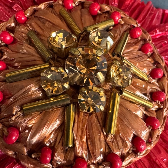 J.Crew Red Raffia Statement Earrings Beaded Crystal Fringe Boho Glam Resort - Picture 4 of 11